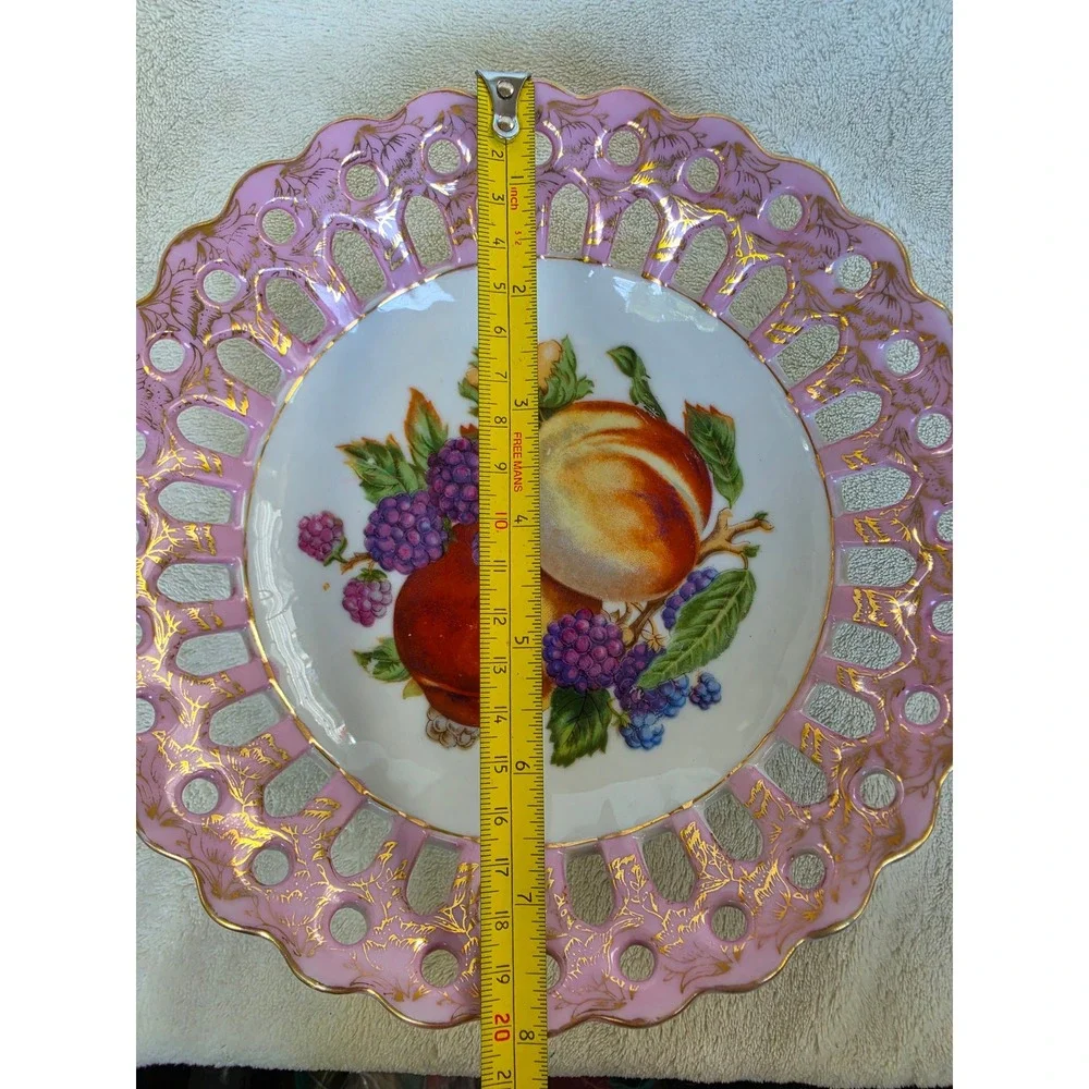 Vintage Betson Hand Painted Fruit Porcelain Bowl Pink Reticulated Gold Trim 8in
